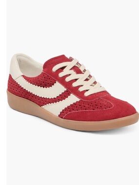 Dolce Vita Merit Perforated Red Suede Sneaker with Cream Accents